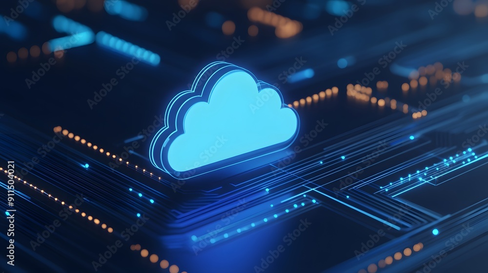 Poster futuristic digital cloud computing network, blue cloud icon on circuit board, technology and data st