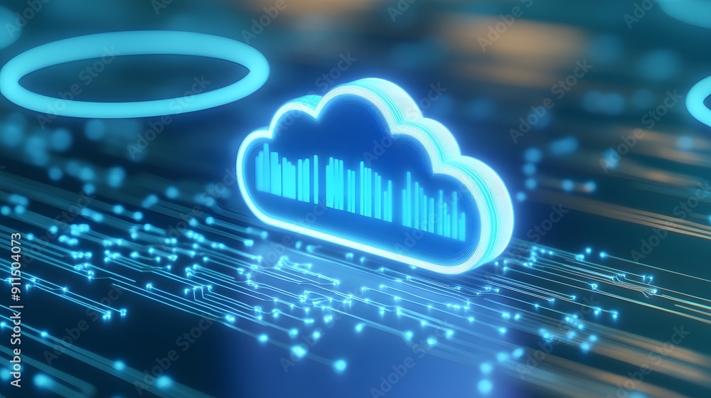 Poster futuristic digital cloud, symbolizing data transfer and technology in a glowing blue network with ab