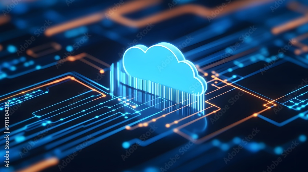 Poster futuristic digital cloud icon on a neon circuit board, representing cloud computing and modern techn