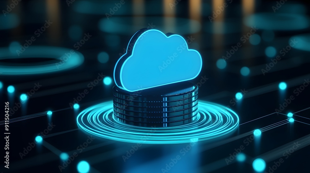 Poster futuristic digital cloud icon over server stack on neon background, representing innovative cloud co