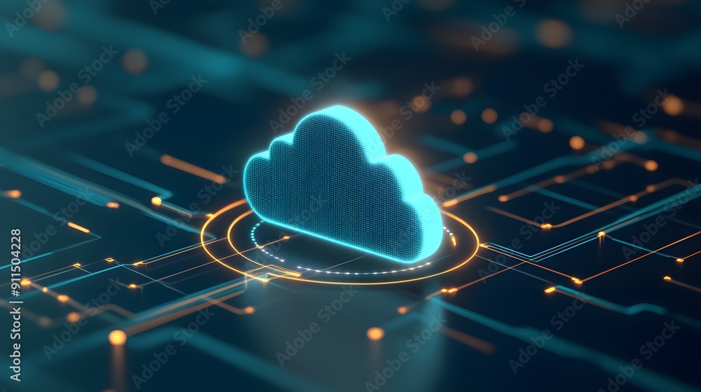 Poster futuristic digital cloud icon symbolizing cloud computing technology, network data storage, and adva
