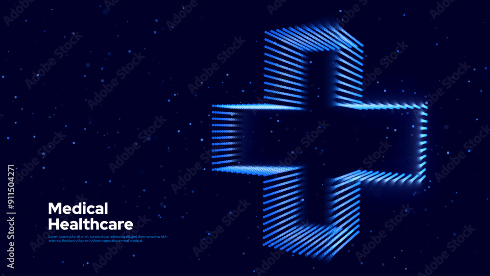 Aufkleber 3d blue digital wireframe grid plus sign background. lines and dots aid and health care for hospital