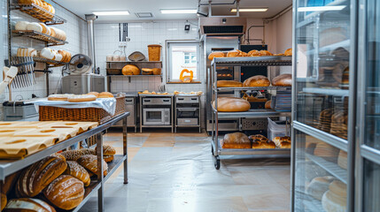 a professional bakery kitchen with stainless steel countertops, industrial ovens, and baking tools neatly organized.