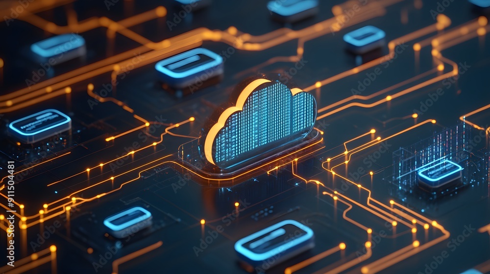 Poster futuristic digital cloud storage concept, illustrating data security and cloud computing technology 