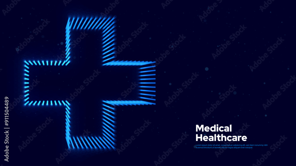 Aufkleber 3d blue digital wireframe grid plus sign background. lines and dots aid and health care for hospital