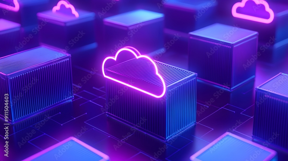 Poster futuristic digital cloud storage concept with neon lights representing data storage and computing te