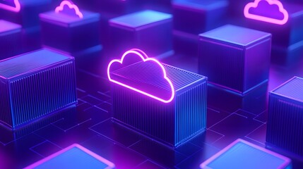 Futuristic digital cloud storage concept with neon lights representing data storage and computing technology.