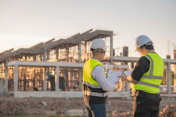 Two Asian engineer working at site of a large building project,Thailand people,Work overtime at construction site,Team of engineer discus at site
