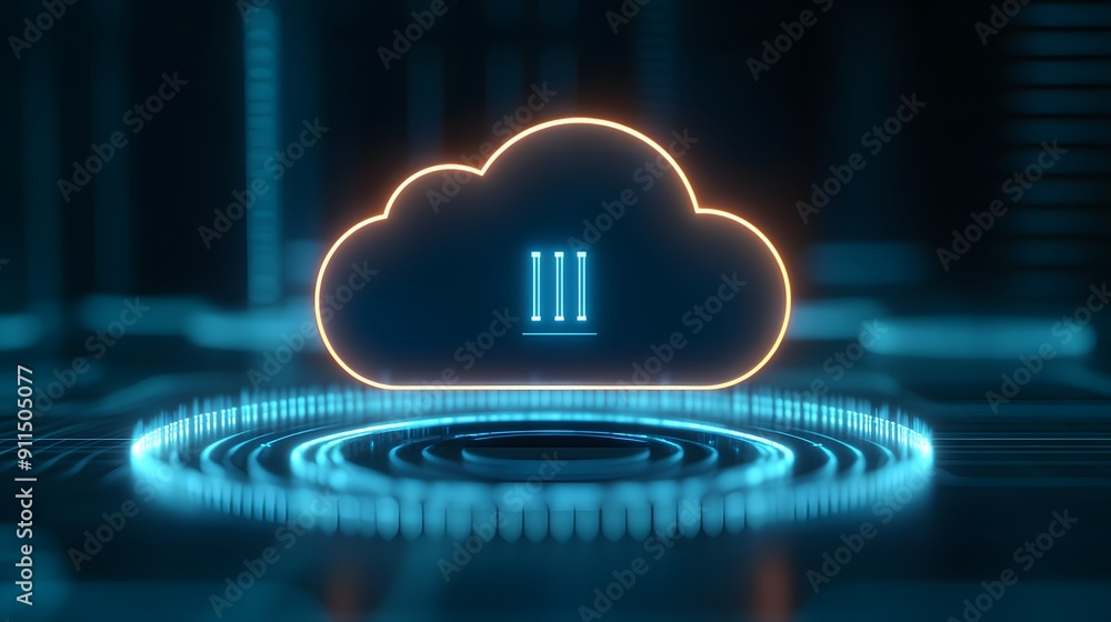 Poster futuristic digital cloud technology concept with neon glow and data representation in a dark virtual