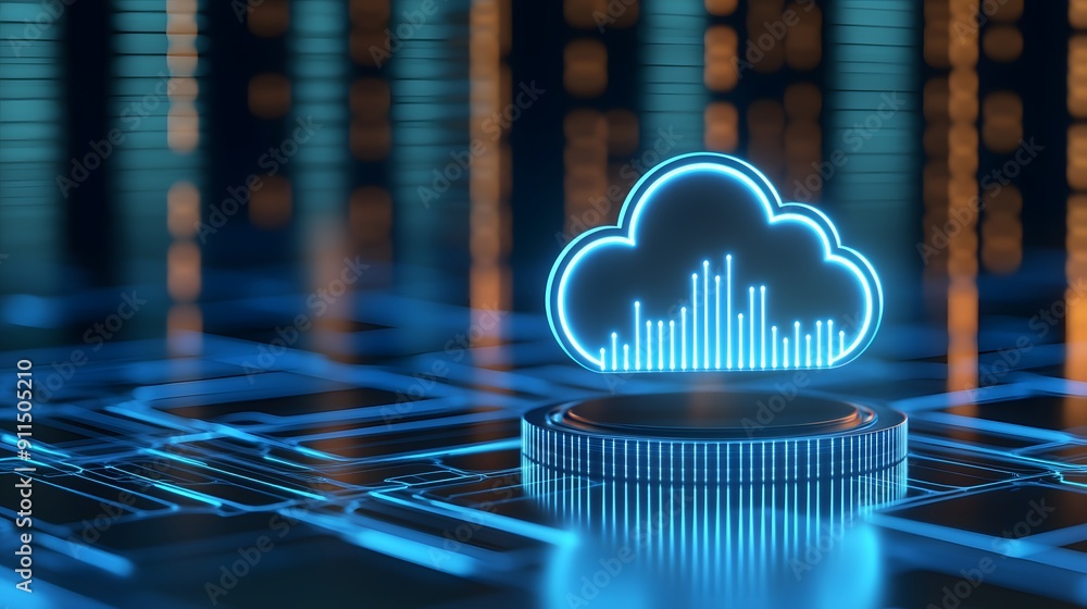Poster futuristic digital cloud technology with data analytics concept, featuring a glowing cloud icon on a