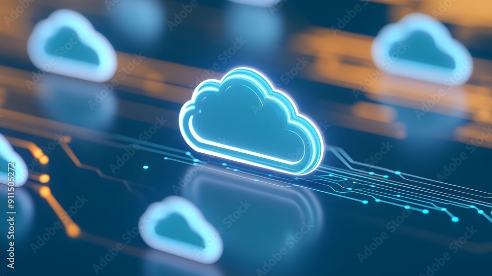 Poster futuristic digital clouds representing data storage and cloud computing technology, illuminated with