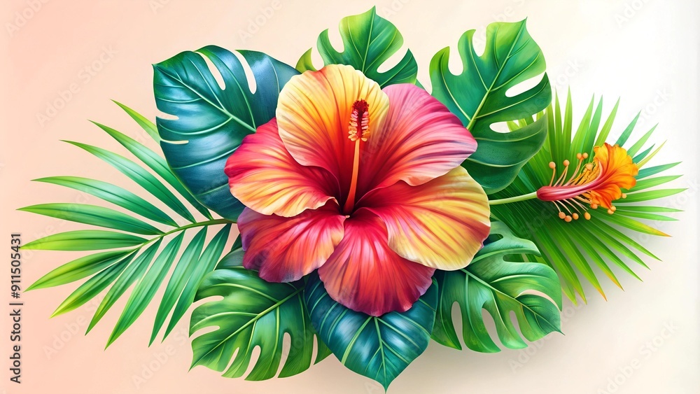 Wall mural Tropical Paradise: A Vibrant Hibiscus and Monstera Leaf Logo  AI Generated