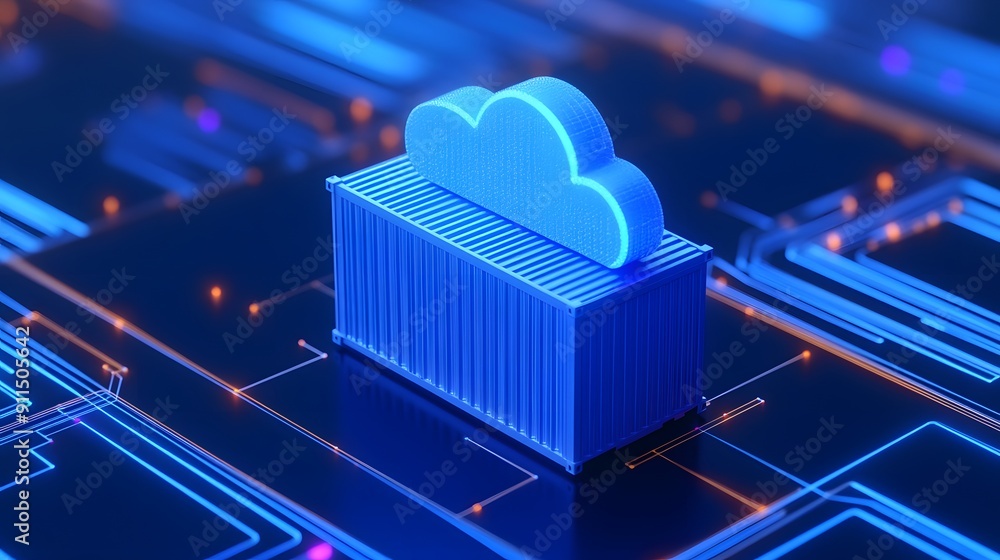 Poster futuristic digital illustration of cloud computing and data storage technology with blue neon lights