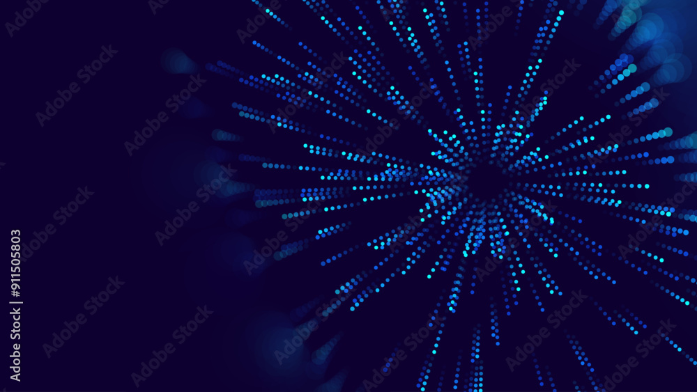 Poster Particles Blast Circle Frame. Particles Shockwave Explosion Effect Background. Abstract Digital Eye Iris. Radial Sound Explosion Wave Music Visualization. Vector Illustration.