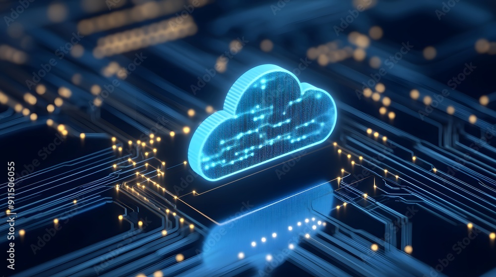 Poster Futuristic digital representation of cloud computing technology with a glowing cloud icon and circuit board background.