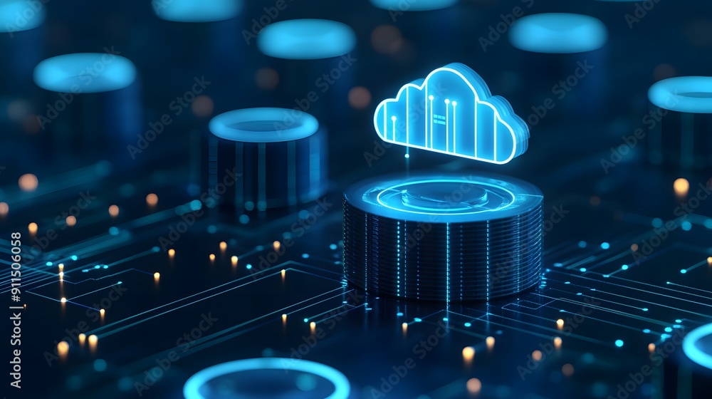 Poster futuristic digital representation of cloud computing technology with a neon blue cloud icon amidst d