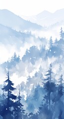 Misty Mountain Landscape in Watercolor: Evergreen Trees, Soft Blue and Grey Palette, Ethereal Fog, and Tranquil Atmosphere.