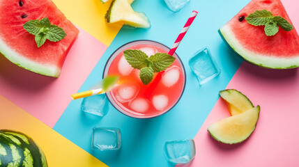Juicy watermelon slice and refreshing drink on a colorful backdrop. Perfect summer thirst quencher.