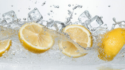 Lemons and ice cubes making a splash in water against a white background.