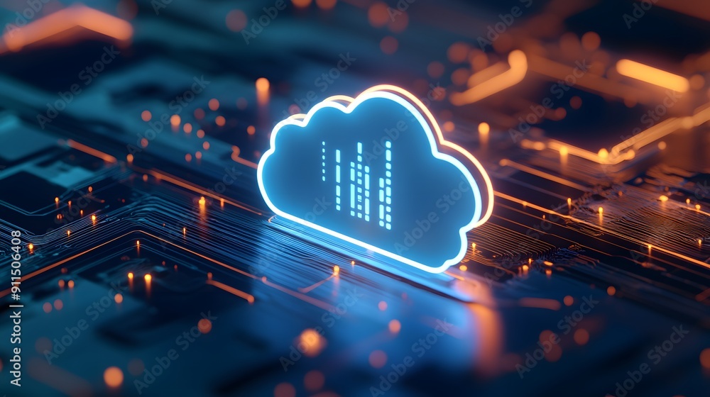Poster futuristic glowing cloud icon on a circuit board represents cloud computing technology and data stor