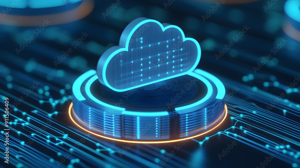 Poster futuristic glowing cloud icon on circuit board representing cloud computing, technology, and data st