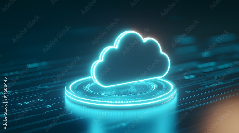Poster futuristic glowing cloud icon over a digital interface, representing cloud computing and data storag