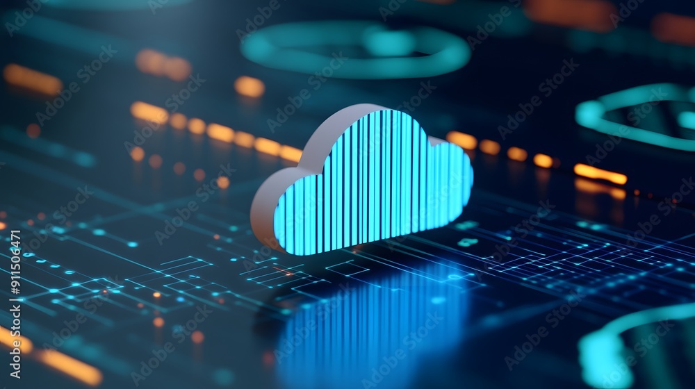 Poster futuristic glowing cloud icon over a digital interface represents data storage, cloud computing, and