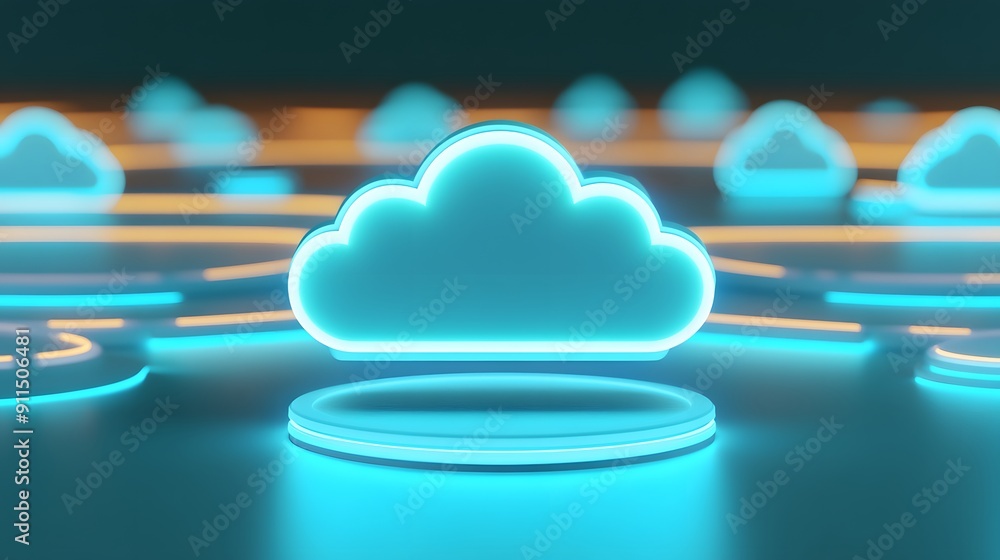 Poster Futuristic glowing cloud icon representing cloud computing technology and digital data storage solutions in a virtual environment.