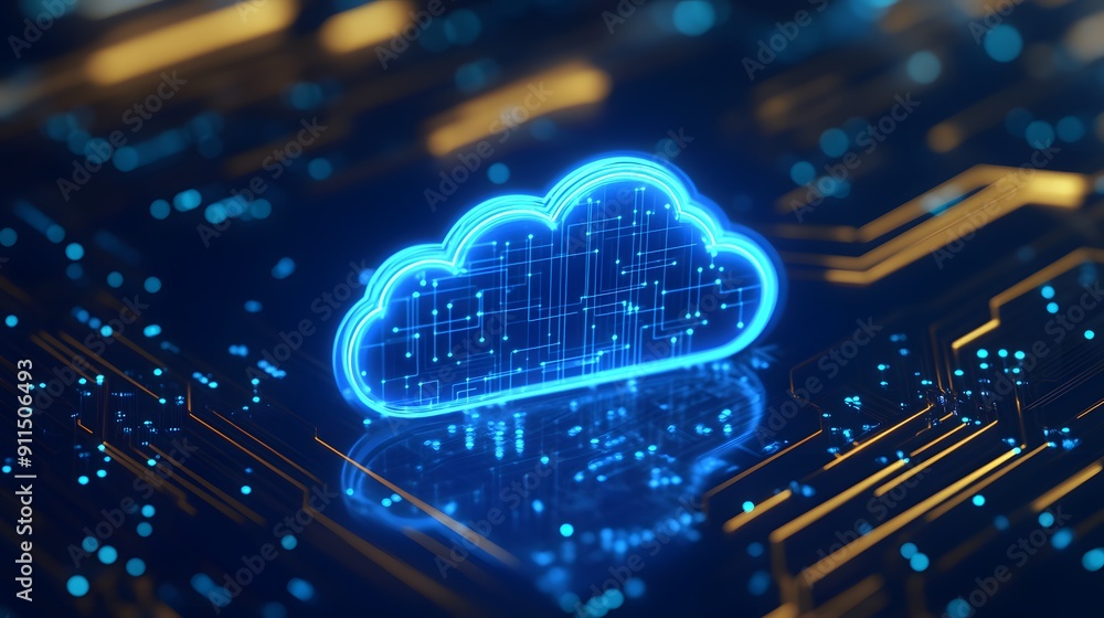 Poster futuristic glowing cloud icon representing cloud computing technology, data storage, and digital inn