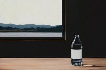 A clear bottle of water is showcased against a dark backdrop, emphasizing its transparency and the minimalist aesthetic with a scenic painting in the background.