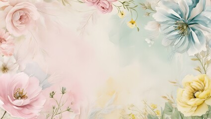Obraz premium a painting of flowers on a blue background with a pink and yellow border and a white and yellow border.
