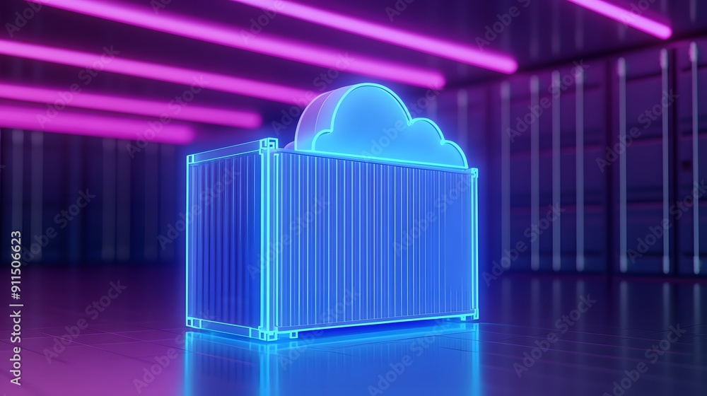 Poster futuristic glowing cloud storage container with neon lights representing digital data and cloud tech