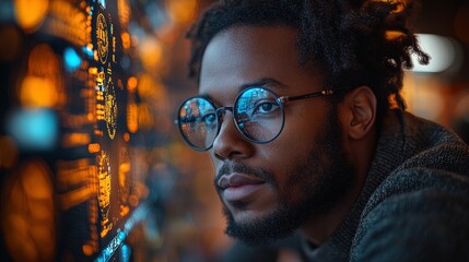 Software developer analyzing code on a transparent screen in a futuristic office