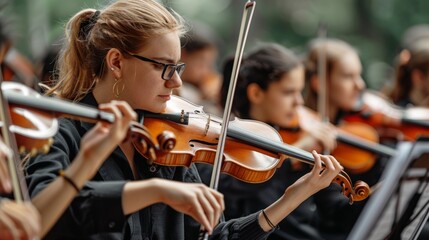 Close-up of young Caucasian woman playing violin in orchestra, wearing glasses, focused expression. Background shows other musicians blurred, teamwork dedication in classical music performance.