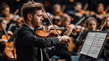 Young male violinist in black suit performing on stage, intense focus on sheet music. Other musicians in blurred background, capturing intensity, dedication in classical music concert setting.