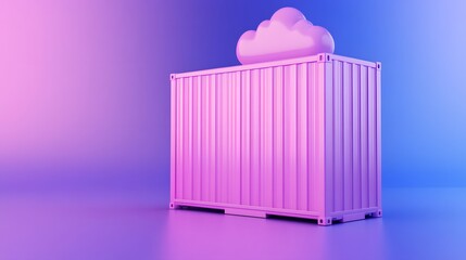 Futuristic image of a pink shipping container with a cloud on top against a gradient background, symbolizing cloud storage and technology.