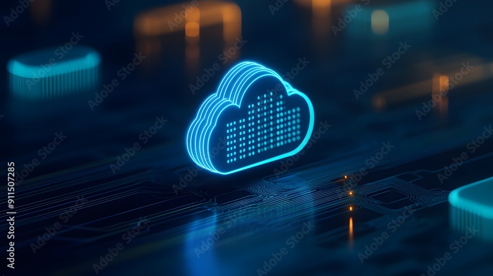 Poster futuristic neon cloud computing technology concept with a glowing cloud icon over a digital circuit 