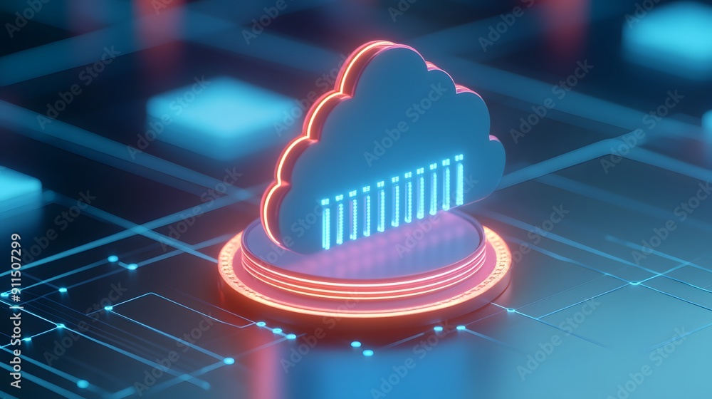 Aufkleber futuristic neon cloud computing technology concept with glowing cloud icon and circuit board backgro