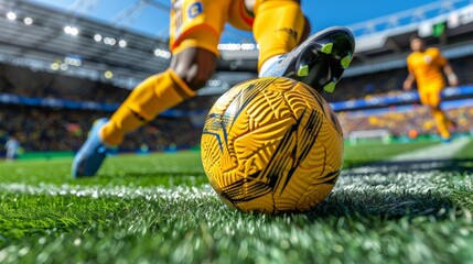 Close-up yellow soccer ball being kicked by player in stadium, with another player in background, focus is on ball, kicking action, set against vibrant backdrop crowded stadium, bright sunlight.