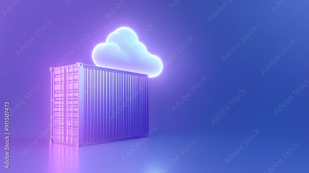 Aufkleber futuristic neon container with glowing cloud above, symbolizing cloud computing and data storage sol