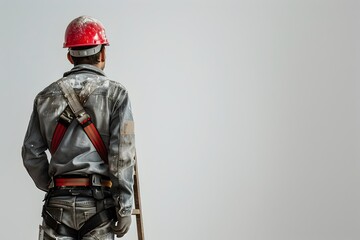 Obraz premium Construction Worker Holding Ladder on Isolated White Background