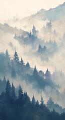 Misty Mountain Landscape with Pine Trees in Soft Blue and Grey Tones