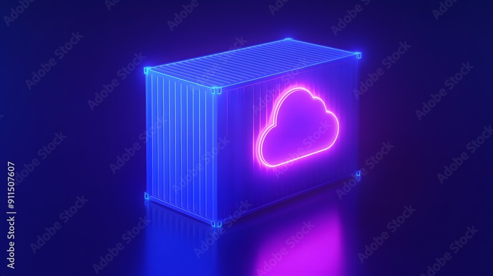 Poster futuristic neon shipping container with cloud symbol. concept of cloud computing and technology inno