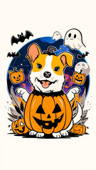 Obraz premium Adorable Puppy in Pumpkin Costume on White Background - Perfect for Halloween Decorations and Festive Cards