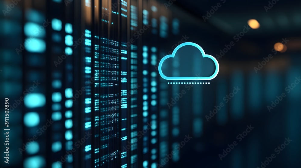 Poster futuristic server rack with cloud technology icon representing cloud computing and data storage solu