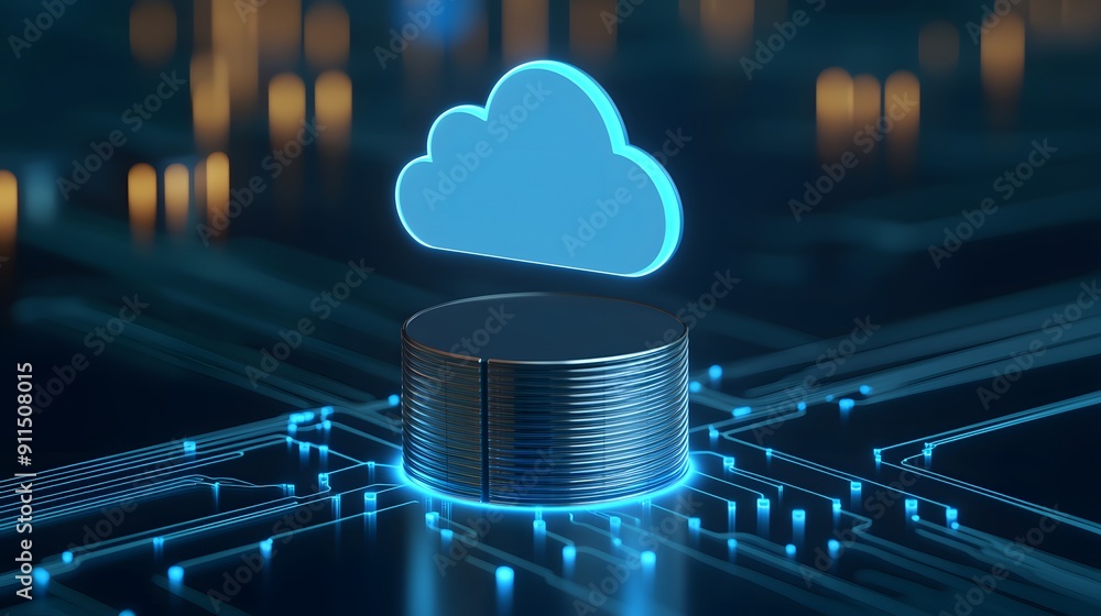Poster futuristic server with cloud icon, representing cloud storage and computing technology in a digital 