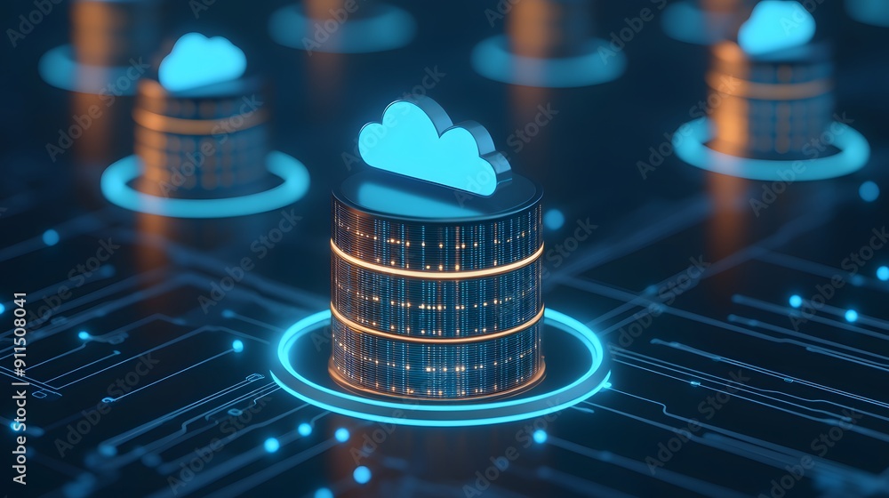 Poster futuristic server with cloud icon, representing cloud computing and modern data storage technology o