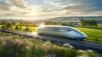 Obraz premium Driverless high-speed trains traverse beautiful countryside. The speed and sustainability of future train travel