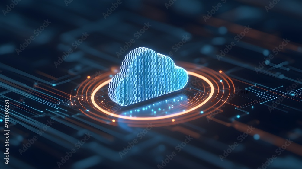 Poster futuristic technology cloud icon glowing on a digital circuit board, representing cloud computing, d