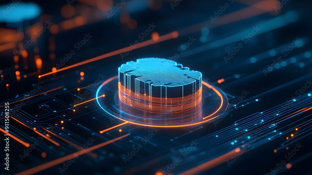 Poster futuristic technology concept with a glowing microchip circuit board, emphasizing innovation and hig